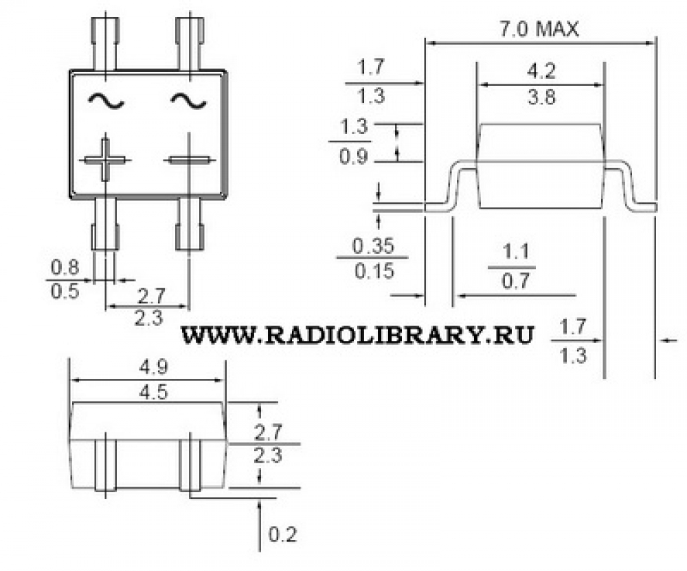 Диодный мост  B6S 0.5A  600В DB1MS 